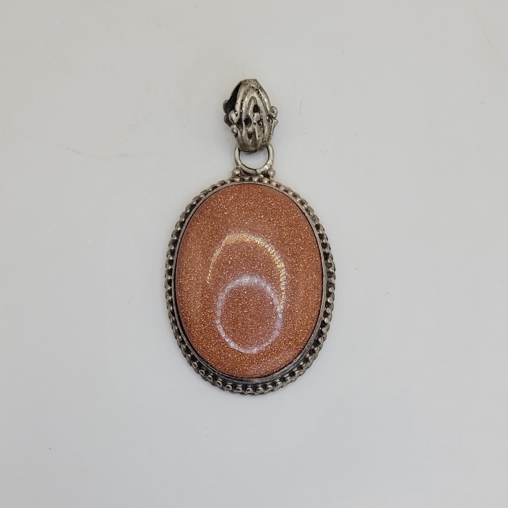 Vintage Goldstone Beaded Detailed 925 Sterling Silver Oval Cabochon Pendant
